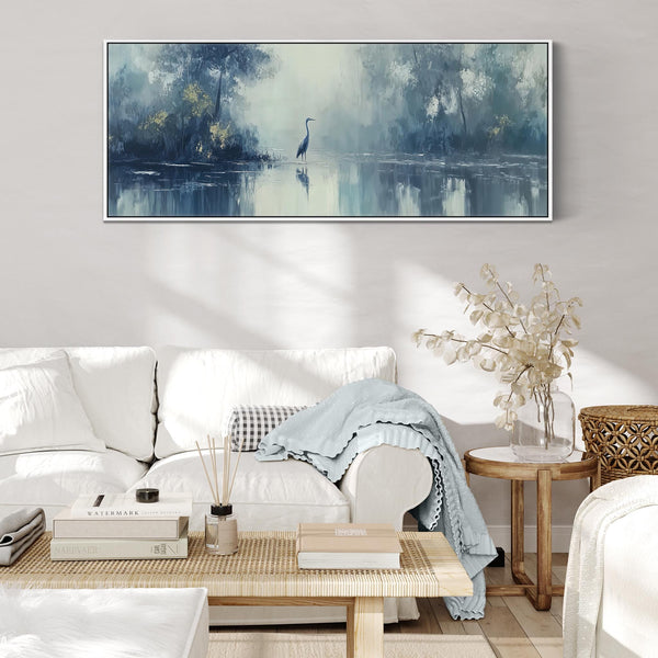 Wide Blue Grey Framed Long Canvas Art - Heron Lake - Solitude