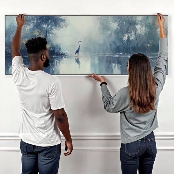 Wide Blue Grey Framed Long Canvas Art - Heron Lake - Solitude