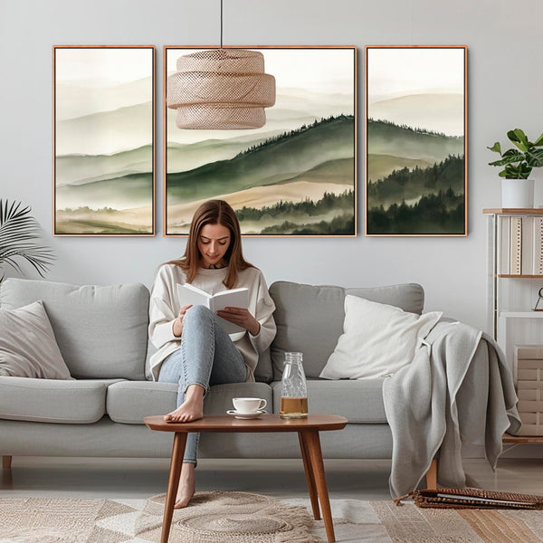 Extra Large Set 3 Framed Canvases Highland Green Misty Forest