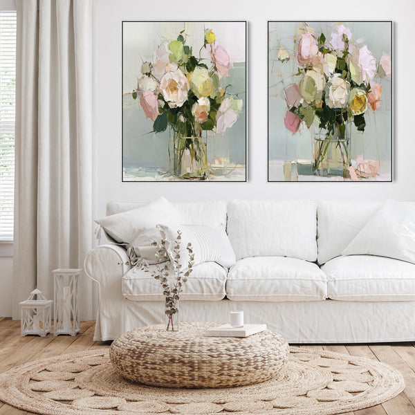 Large Abstract Floral Pink Green Pair Framed Canvas Art Set 2