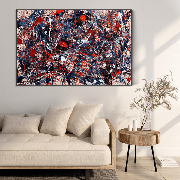 Abstract Jackson Pollock Style Framed Canvas Picture - Blue Red