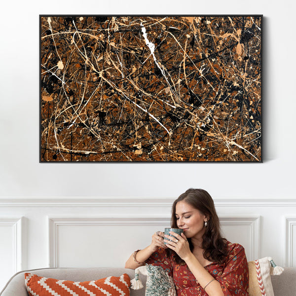 Abstract Jackson Pollock Style Framed Canvas Art - Umber Storm