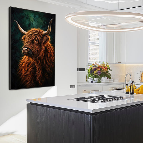 Angus - Highland Cow - Copper & Teal Green Framed Canvas Art