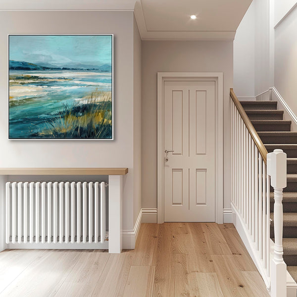 Framed Scottish Beach Landscape Canvas Art - Teal Blue Green