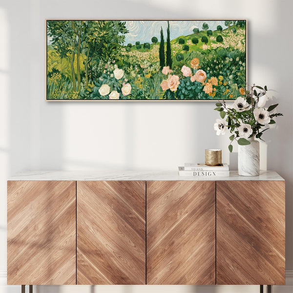 Wide Vincent Van Gogh inspired Framed Landscape Canvas in Green