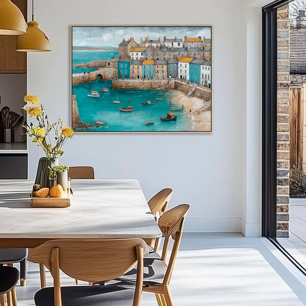 Coastal Cornish Harbour Framed Seaside Artwork on Canvas Blue