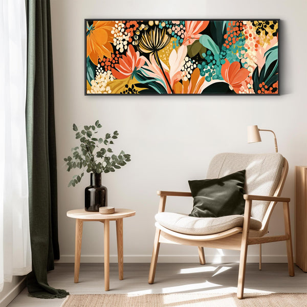 Wide Colourful Abstract Floral Framed Canvas Japanese Abstract