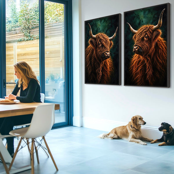 Coos - Highland Cows - Unique Pair Framed Canvases - Set of 2
