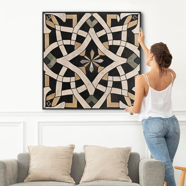 Living Room Framed Moroccan Canvas Art - Black Cream - Cordoba