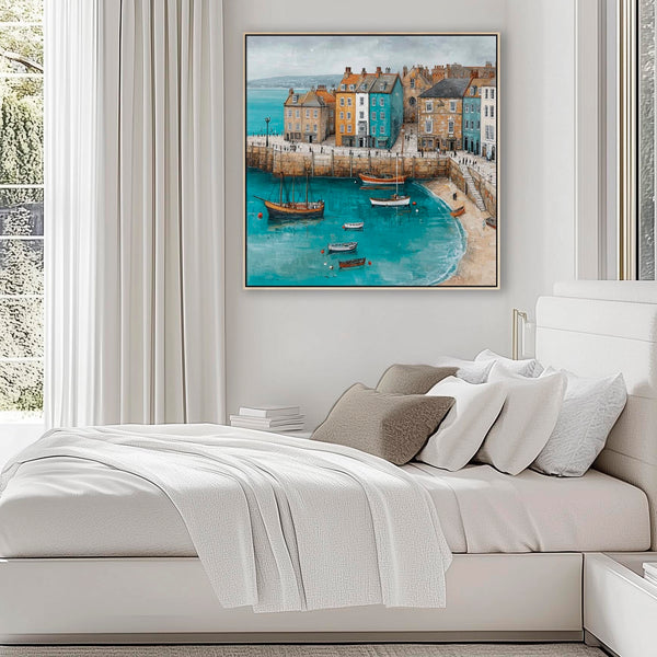 Cornwall Coastal Framed Artwork on Canvas Blue