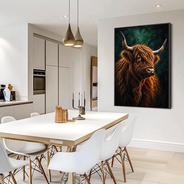 Dougal - Highland Cow - Copper & Teal Green Framed Canvas Print