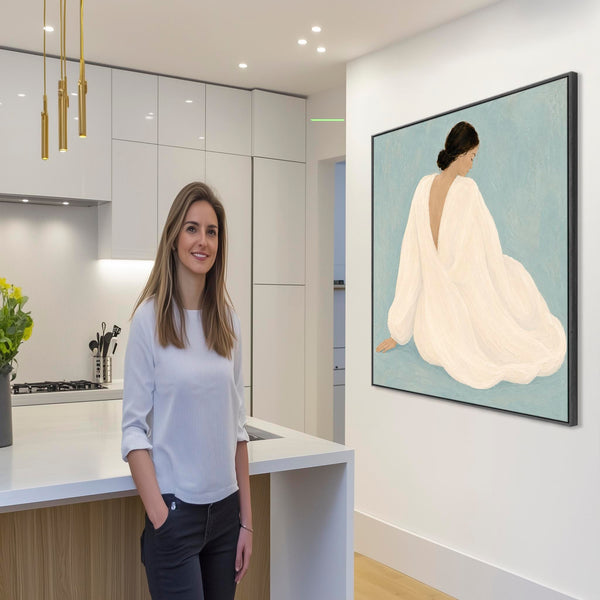 Framed Artwork - Woman Empowerment Contemplation - White Dress 1 - Blue