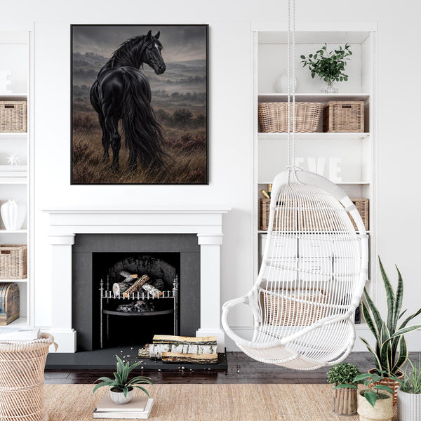 Black Friesian Horse Framed Canvas Wall Art - Turning for Home