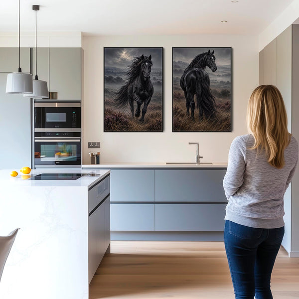 Black Friesian Horses - Majestic - Framed Pair Canvases Set 2