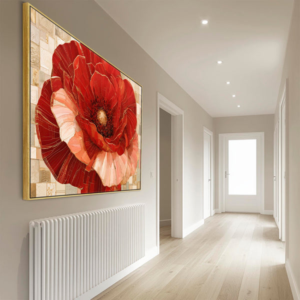 Large Red Gold Cream Floral Gustav Klimt inspired Framed Canvas