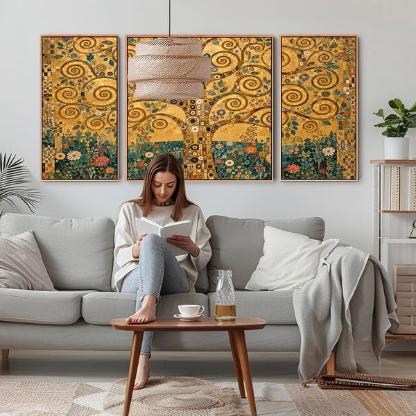 Set 3 Gustav Klimt inspired Framed Canvases Golden Tree of Life