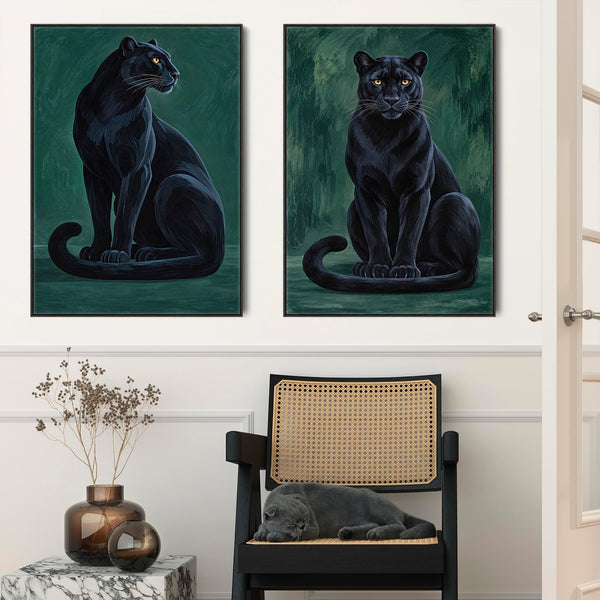 Guardians - Black Green Panthers - Framed Pair Canvases - Set 2