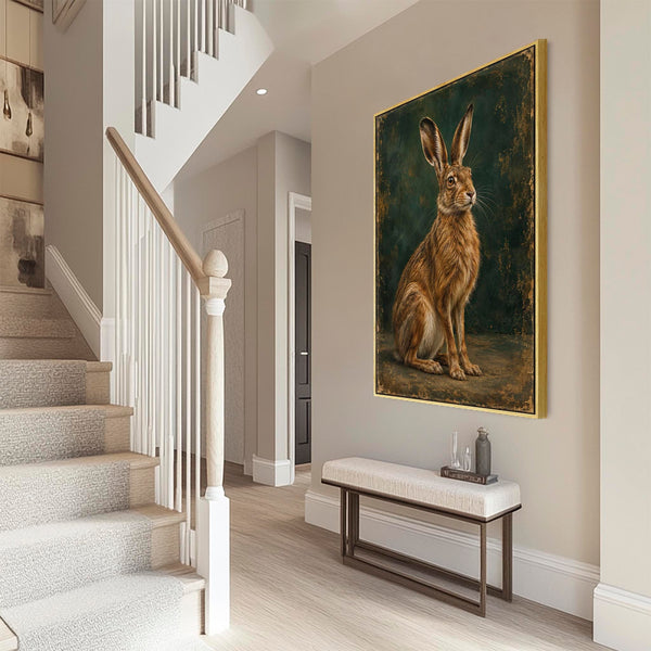 Brown Hare - Framed Emerald Green Canvas Wall Art - Bramble