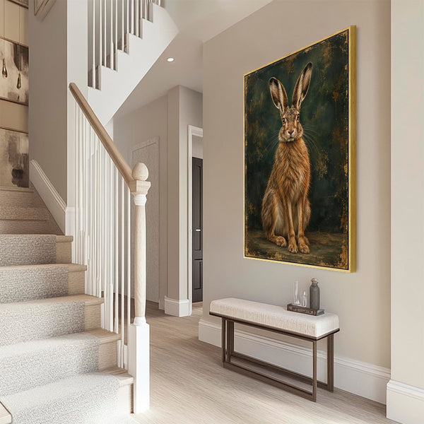 Brown Hare - Vintage Framed Emerald Green Canvas Wall Art - Mab