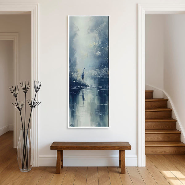 Tall Heron Bird Lake Framed Canvas Wall Art - Misty Blue Grey
