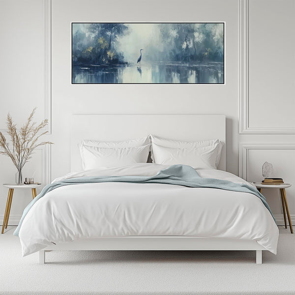 Wide Blue Grey Framed Long Canvas Art - Heron Lake - Solitude