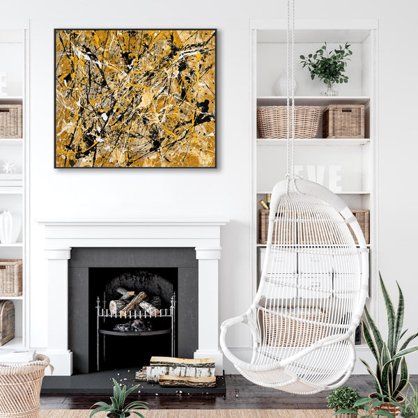 Jackson Pollock Drip Style Art XL Framed Mustard Yellow Canvas