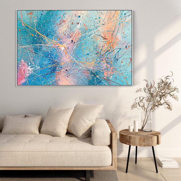 Vibrant Blue Colourful Framed Canvas Jackson Pollock Style Art