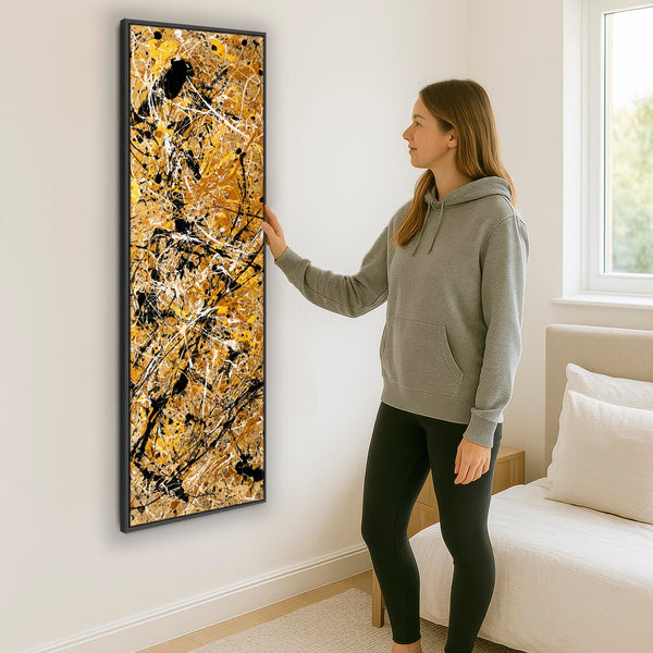 Tall Jackson Pollock Style - Vertical Framed Mustard Canvas