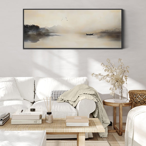 Japandi Lake - Panoramic Wide Canvas Wall Art - Framed