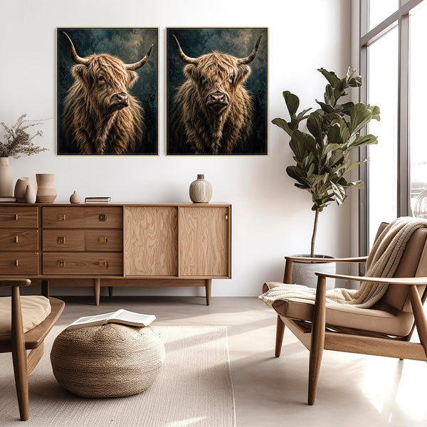 Lassies - Highland Cows - Emotive Pair Framed Artwork on Canvas