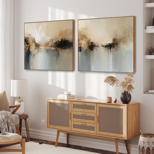 Extra Large Pair Framed Abstract Teal Mist - Set of 2 Canvas