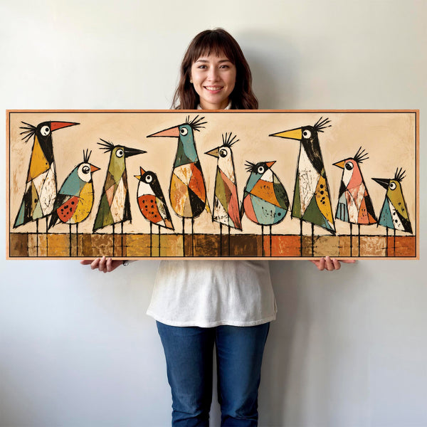 Wide Unique Colourful Framed Canvas - Modern Birds Kitchen Art