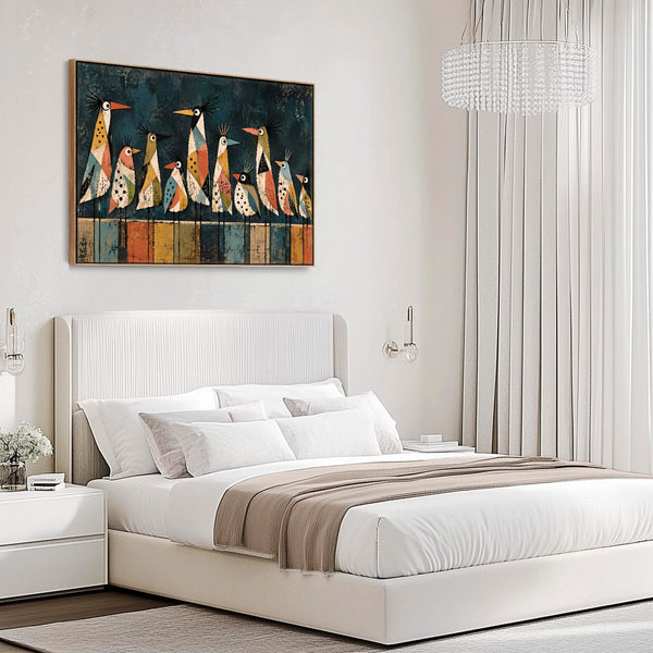 Large Unusual Colourful Framed Canvas - Modern Funky Birds Art