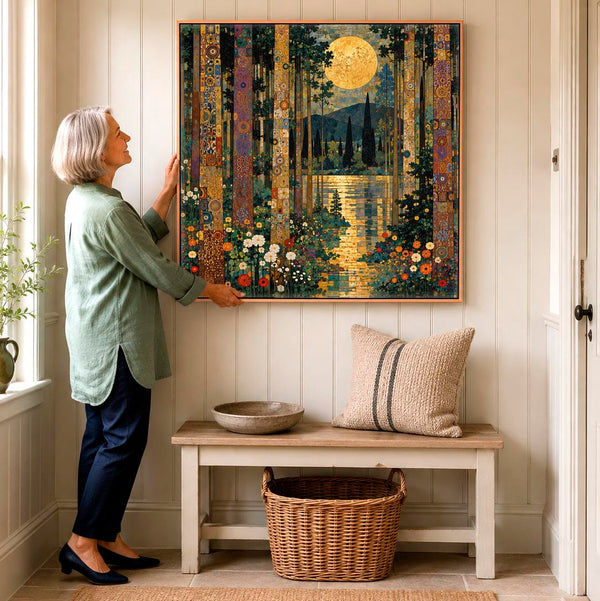 Gustav Klimt inspired Framed Canvas Art - Moonlit Forest Trees