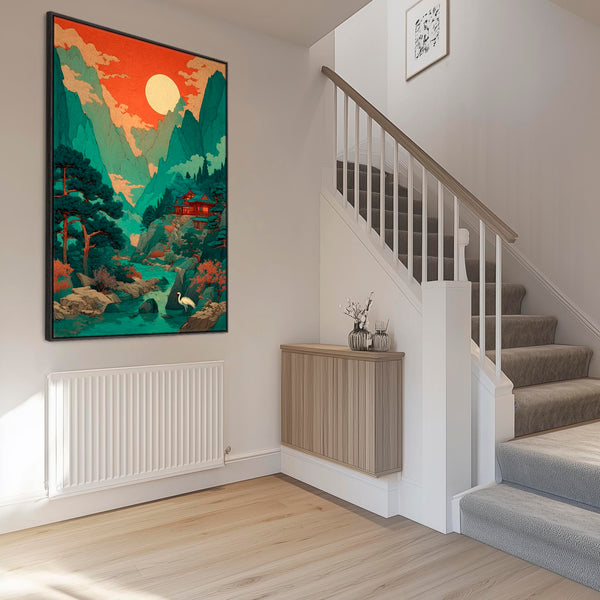 Large Japanese Style Landscape Artwork Framed Terracotta Mountain