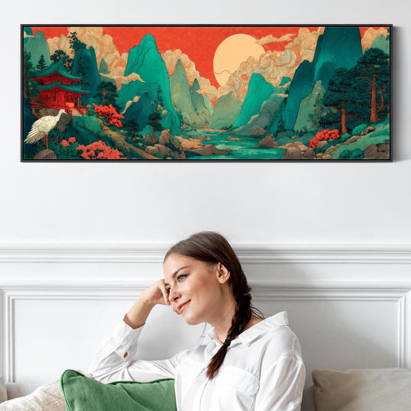 Wide Japanese Horizontal Framed Artwork - Terracotta Teal Mountain Sunrise