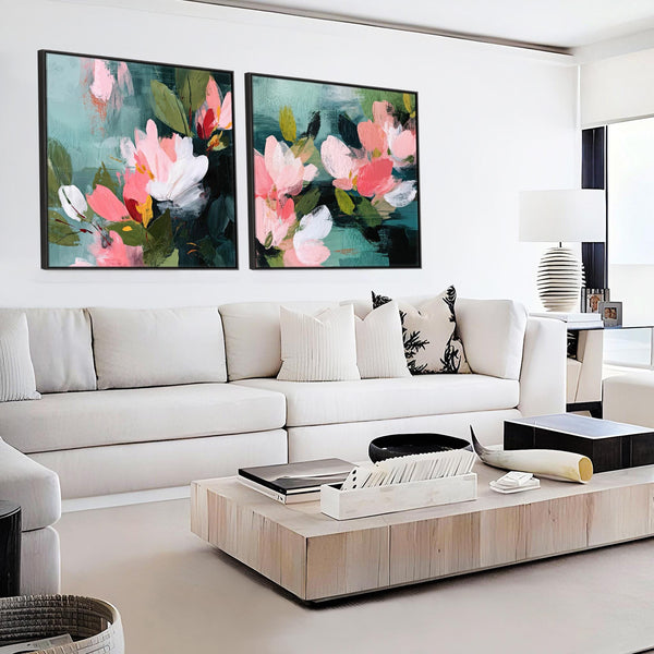 Extra Large Pair Abstract Floral Framed Canvas Art Pink Green