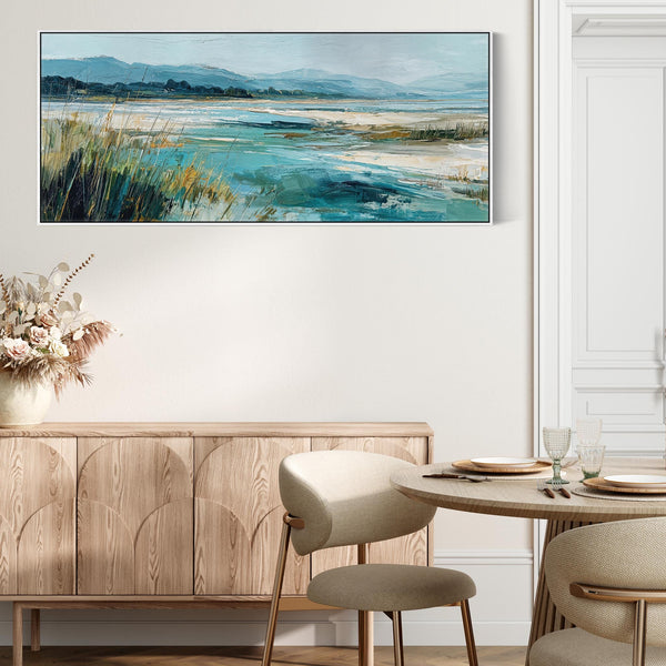 Wide Panoramic Irish Beach Landscape - Framed Teal Canvas Art