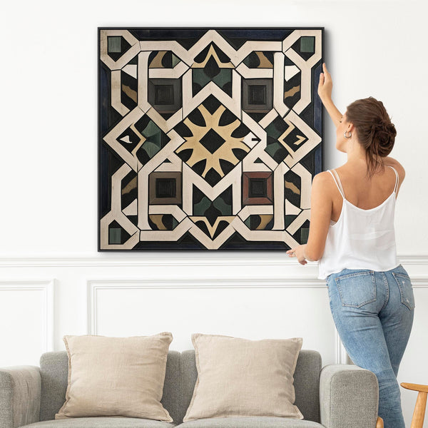 Riad Moroccan Moorish Framed Canvas Art - Black Cream Abstract