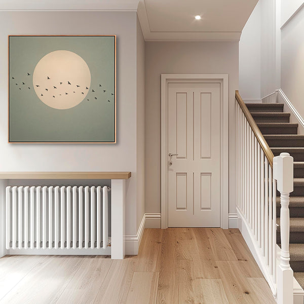 Japandi Moon Framed Canvas Sage Green Birds - Quiet Flight