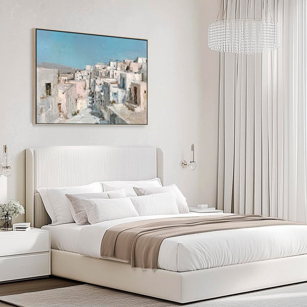 Framed Greek Island Canvas Wall Art - Soft Blue Neutral Artwork
