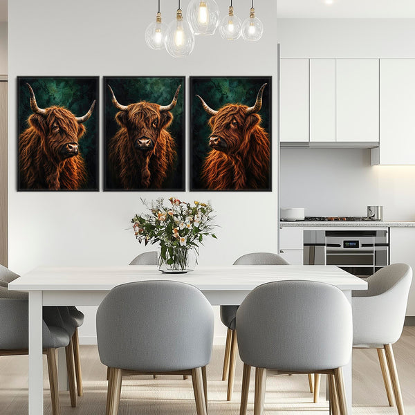 The Clan - Highland Cows - Unique Framed Canvases - Set of 3