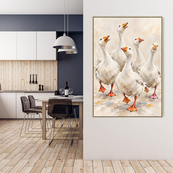 The Gaggle - Farmyard Geese - Framed Kitchen Wall Art Canvases