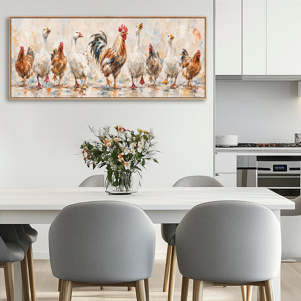 The Gossips - Wide Kitchen Wall Art Canvas - Farmyard Birds