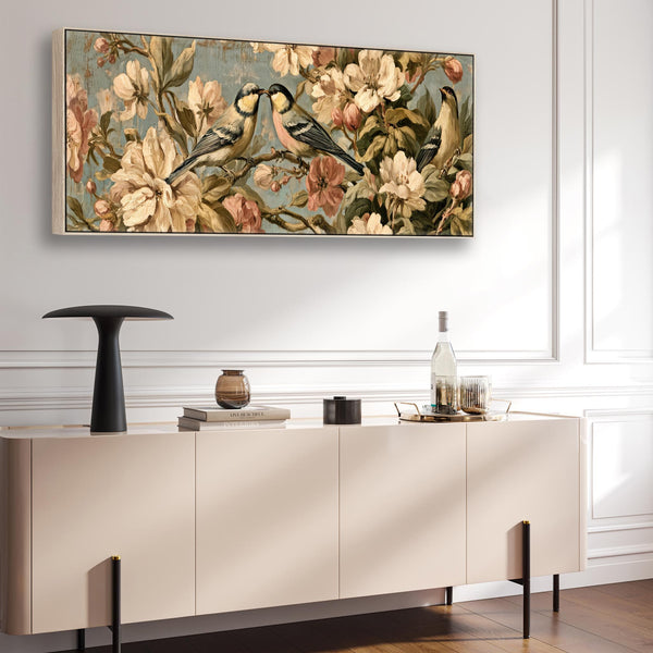 Wide Vintage Birds Flowers Framed Long Canvas Art Dawn Chorus