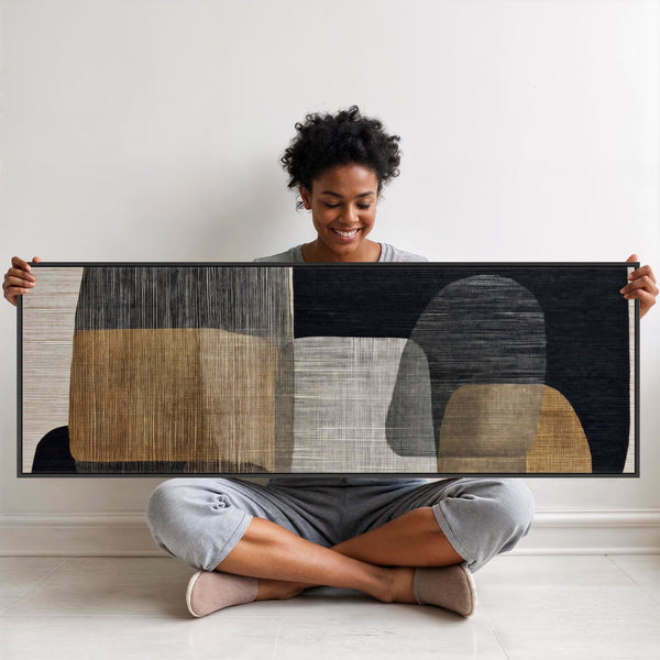 Wide Horizontal Beige Black Japandi Wall Art Wabi Sabi Stones