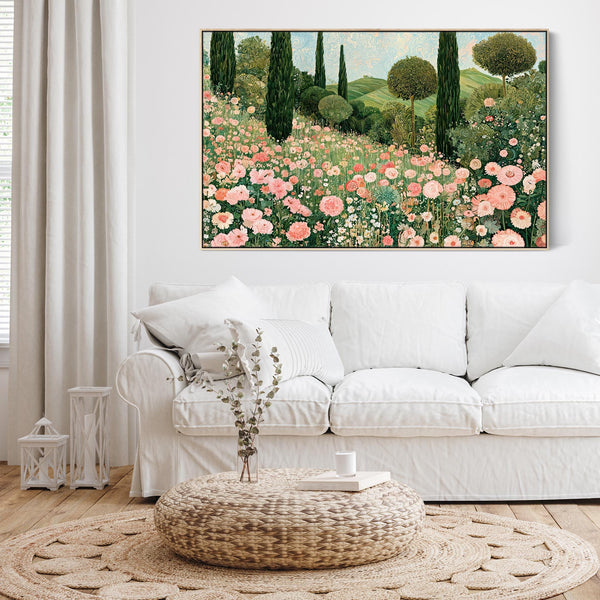 Gustav Klimt Inspired Pink Green Framed Landscape Canvas Art