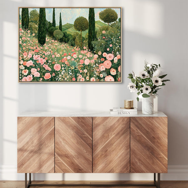 Gustav Klimt Inspired Pink Green Framed Landscape Canvas Art