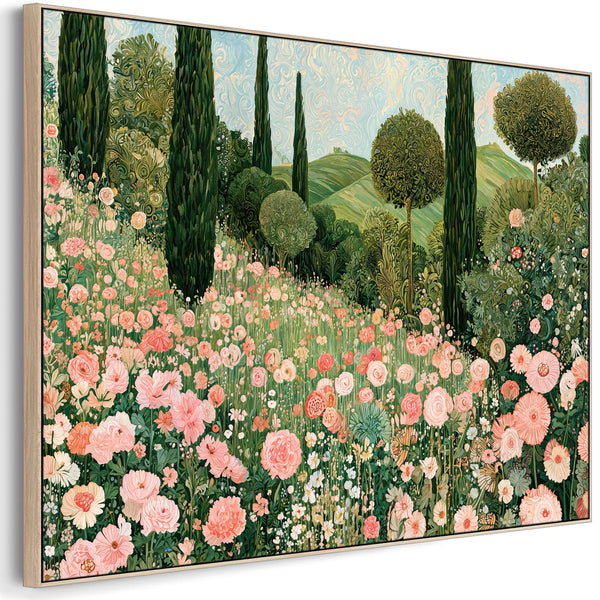 Gustav Klimt Inspired Pink Green Framed Landscape Canvas Art