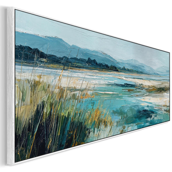 Wide Panoramic Irish Beach Landscape - Framed Teal Canvas Art
